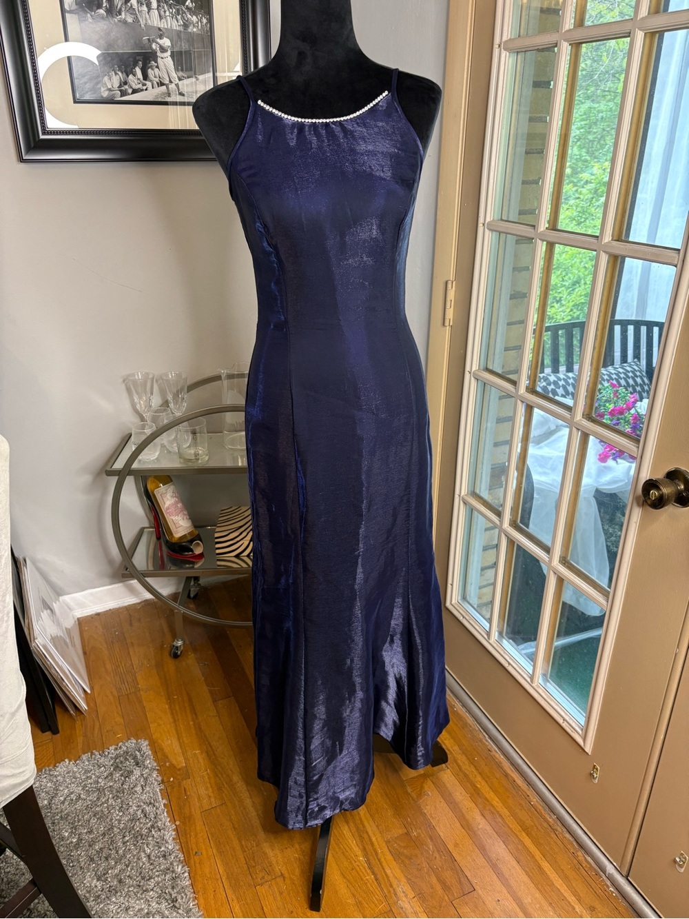 Jessica McClintock Navy Satin Halter Maxi Dress with Rhinestone Neckline